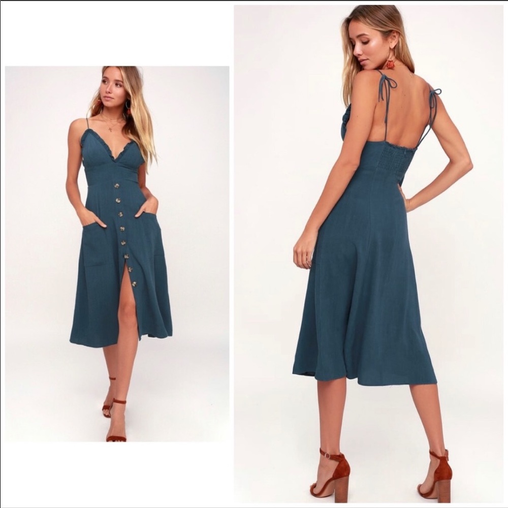 Lulus Lisbeth Blue Button Front Midi Dress
